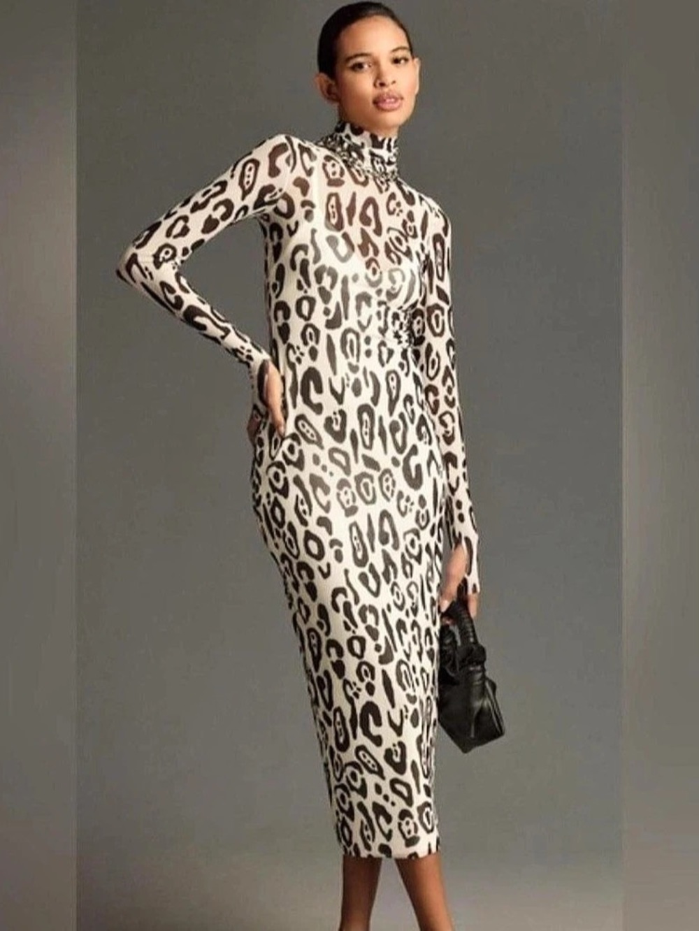 Afrm Leopard Plisse Mesh Midi Dress Black and cream
